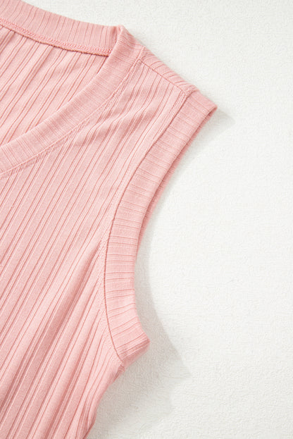 Gossamer Pink Ribbed Button V Neck Tank Top and Shorts Set