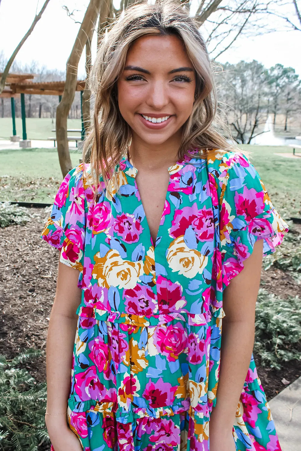 Green Rose Floral Print Ruffled Short Dress - Chic Meadow Boutique 