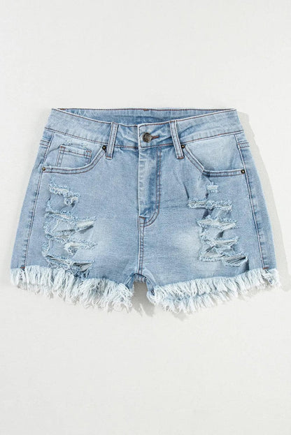 Light Blue Distressed Ripped Raw Hem High Waist Denim Shorts - Chic Meadow Boutique 