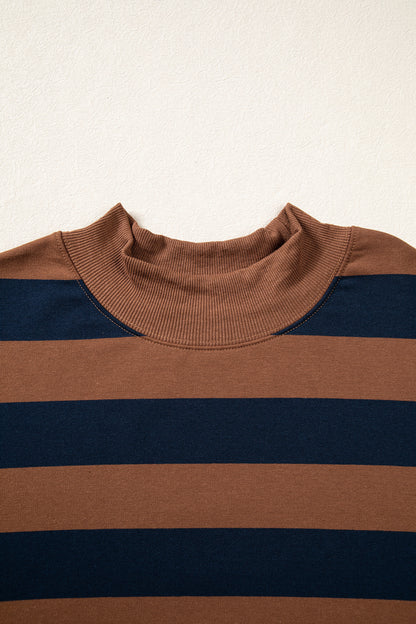 Brown Stripe Colorblock Mock Neck Relaxed Sweatshirt