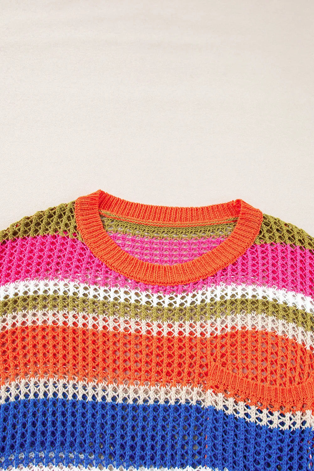 Orange Stripe Colorblock Hollowed Crochet 3/4 Sleeve Sweater - Chic Meadow Boutique 