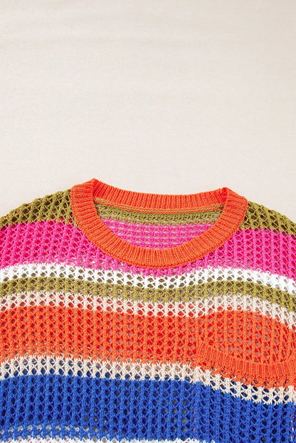 Orange Stripe Colorblock Hollowed Crochet 3/4 Sleeve Sweater - Chic Meadow Boutique 