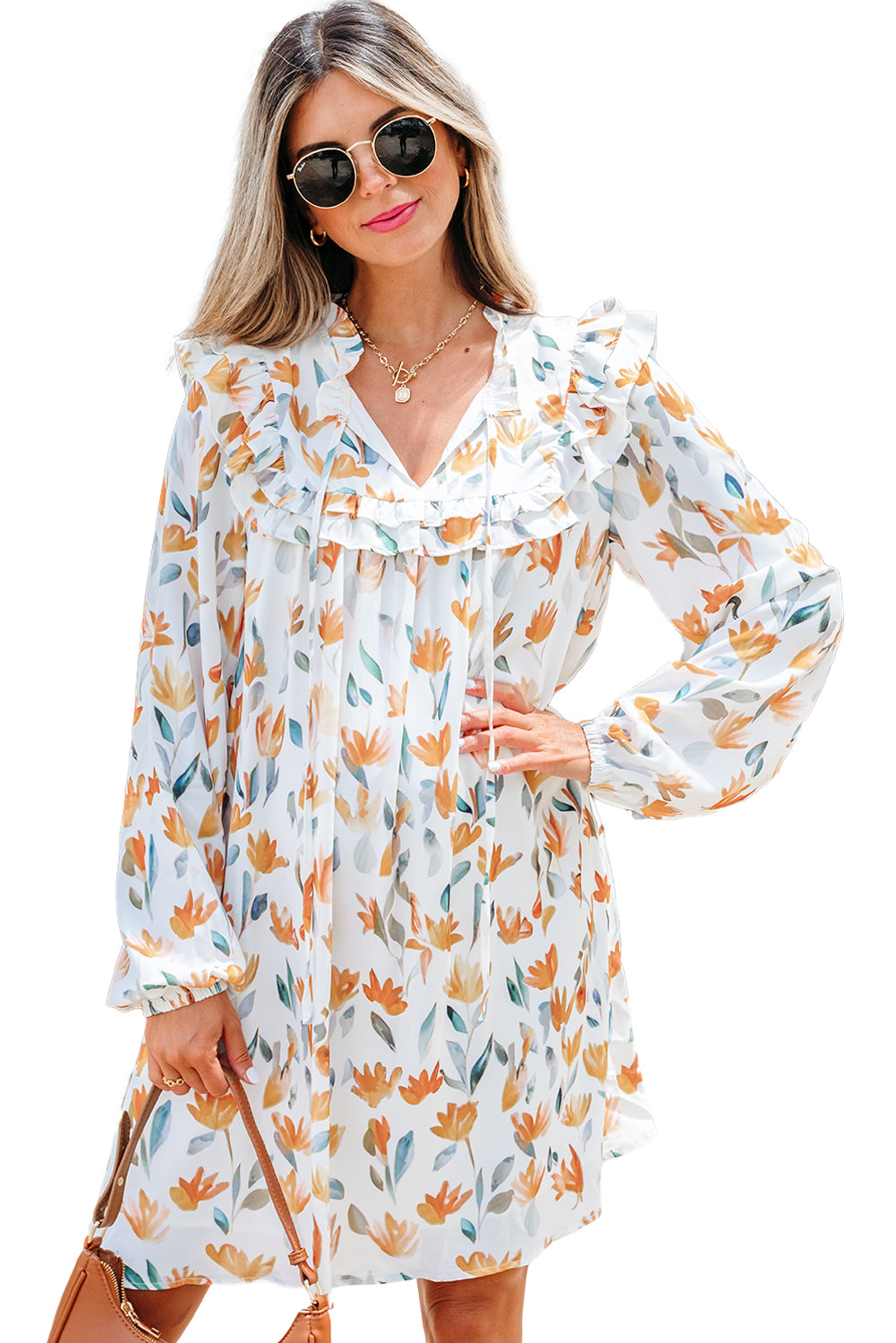 Yellow Floral Print Tie Neck Frilled Detail Long Sleeve Mini Dress