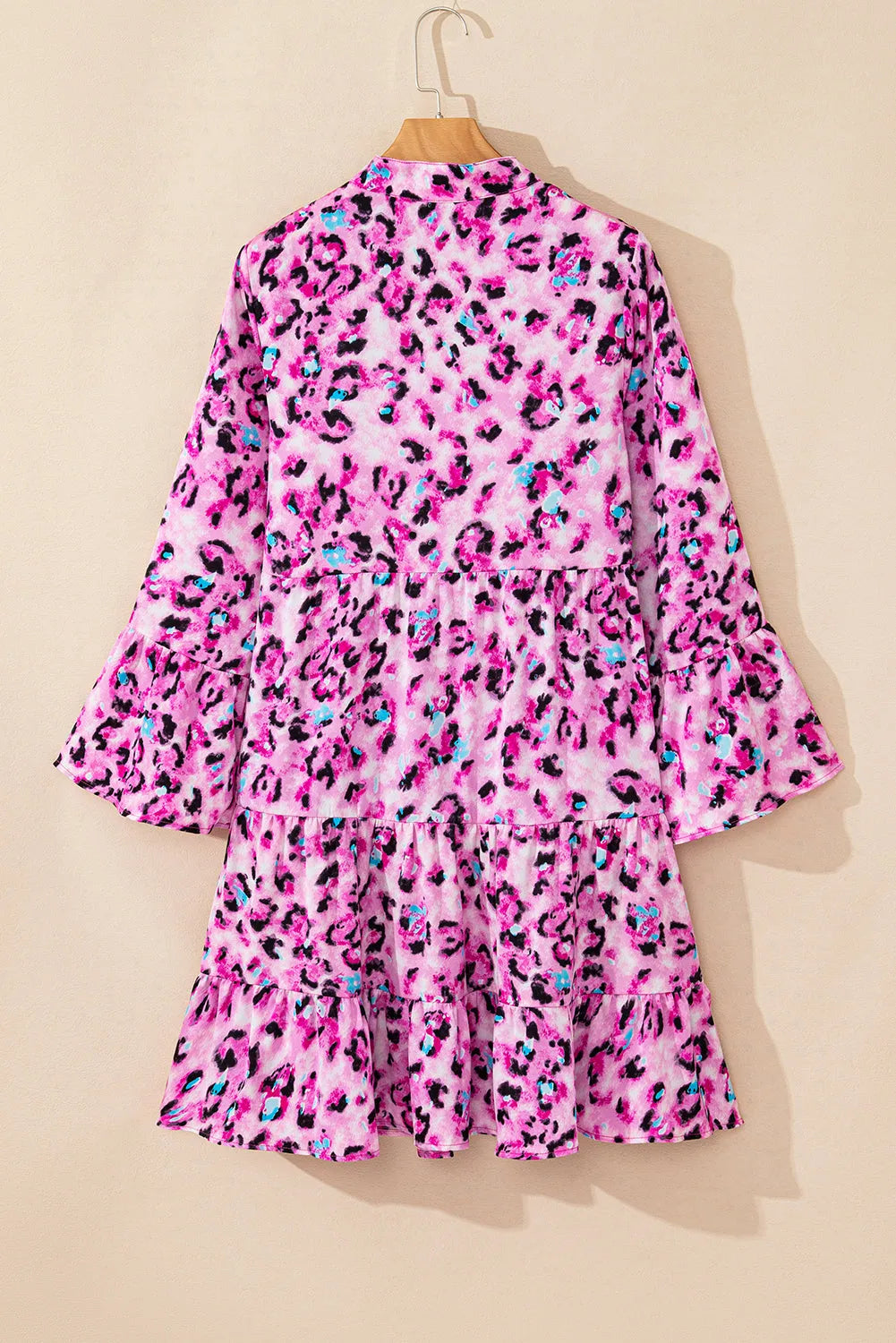 Rose Leopard Print Buttoned Front 3/4 Sleeve Tiered Ruffled Hem Dress - Chic Meadow Boutique 