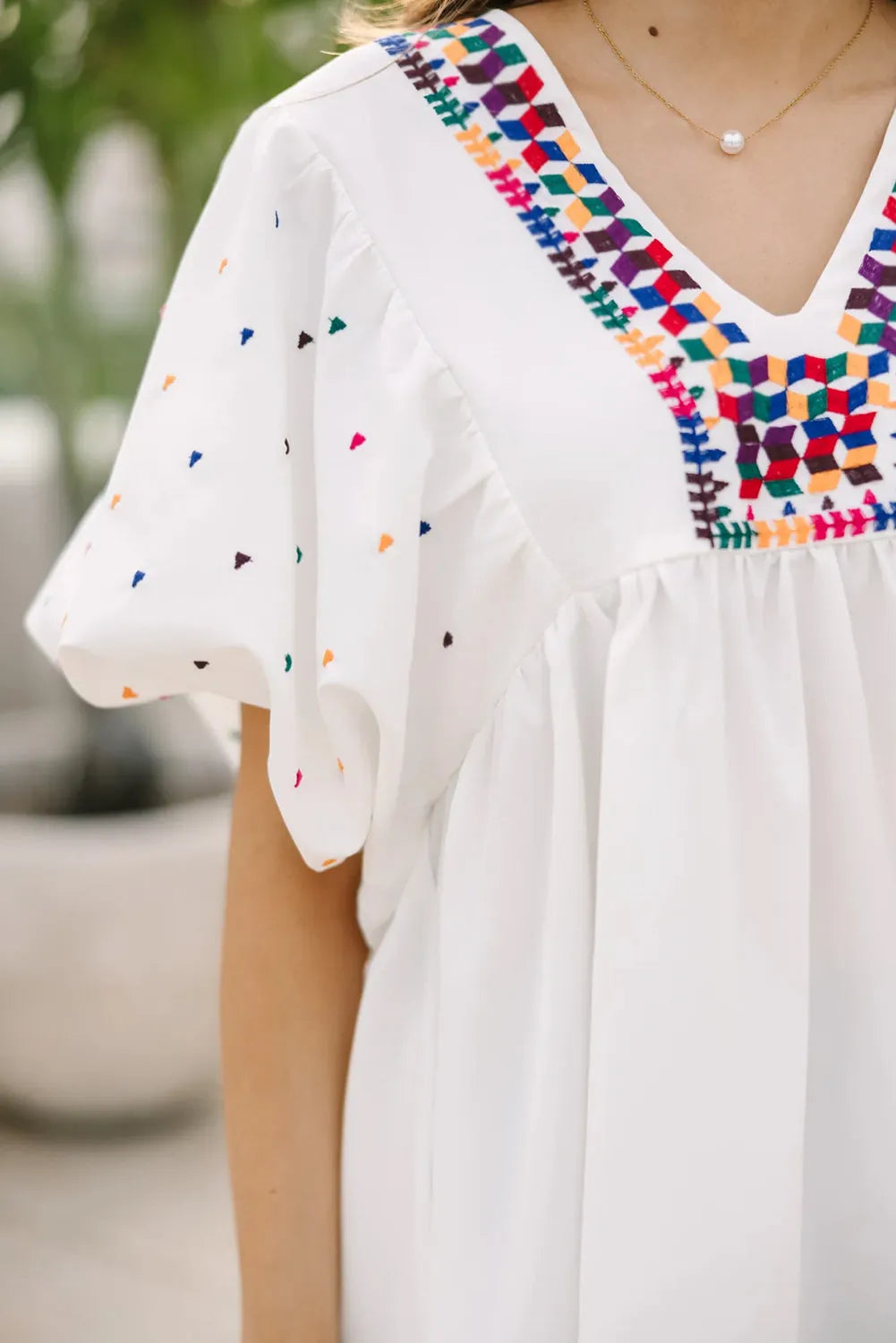 White Embroidered Puff Sleeve V Neck Blouse - Chic Meadow Boutique 