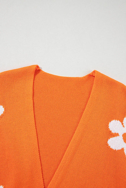 Orange Floral Print Knitted Open Front Loose Cardigan - Chic Meadow Boutique 