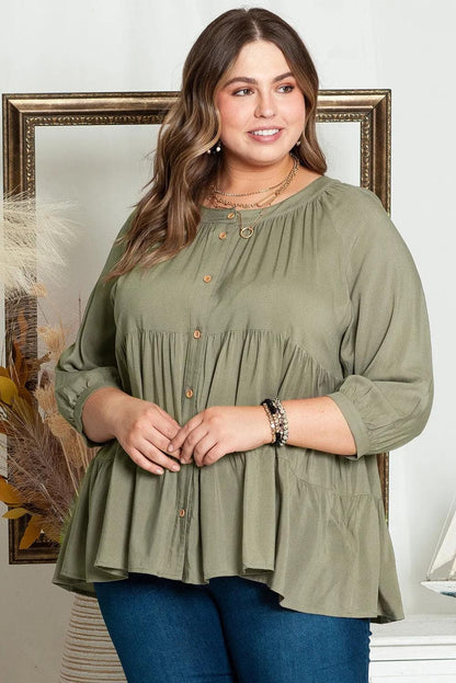 Plus Size/Plus Size Tops/Plus Size Blouses & Shirts Green Plus Size Ruffle Tiered Split Neck Shirt