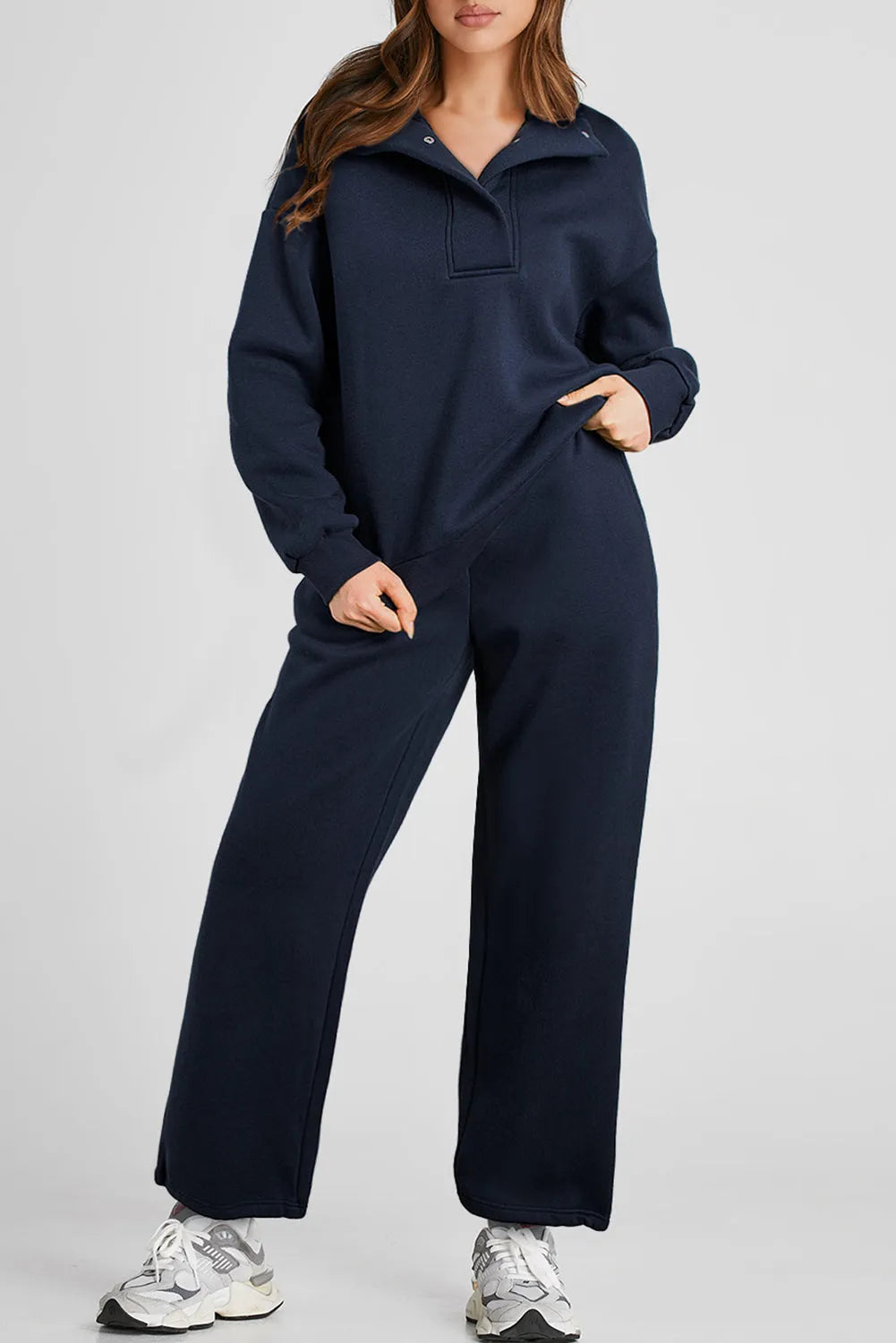 Navy Blue Solid Color Collared Sweatshirt and High Waist Pants Set - Chic Meadow Boutique 