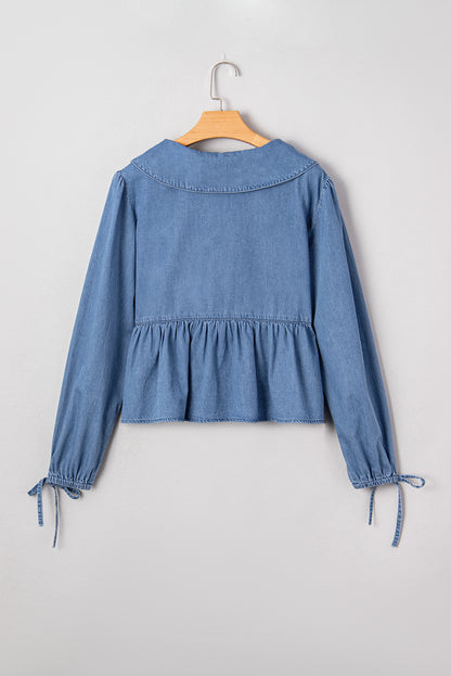 Dusk Blue Denim Lapel Neck Balloon Sleeve Tied Peplum Top