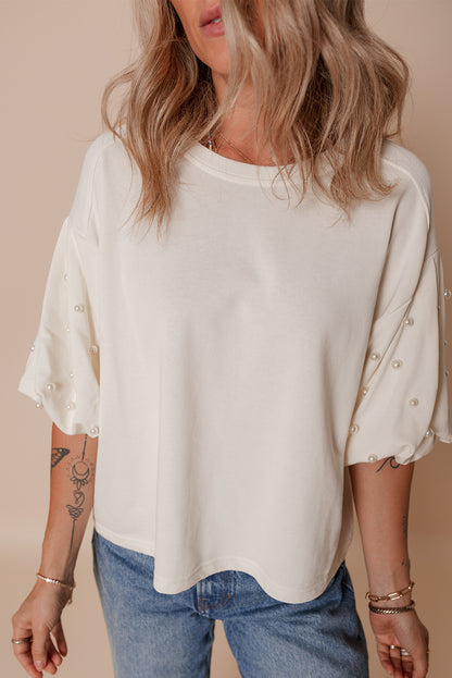 White Pearled Puff Sleeve Round Neck Loose Top