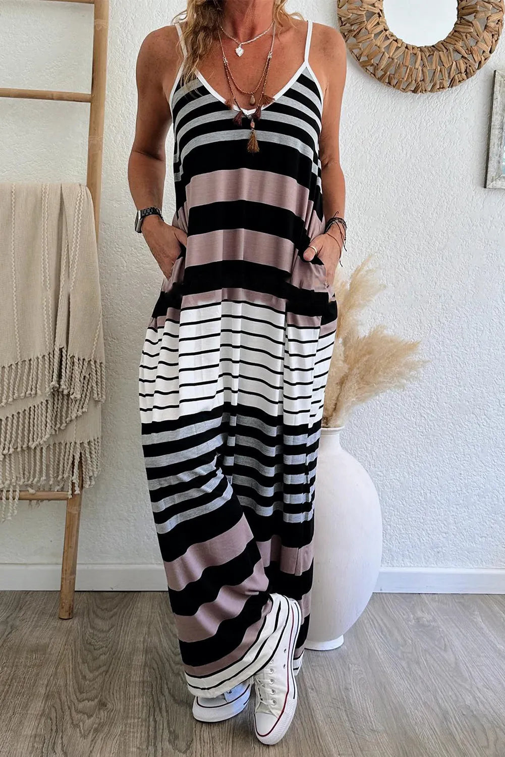 Dresses/Maxi Dresses Multicolour Mixed Stripes Spaghetti Straps V Neck Maxi Dress