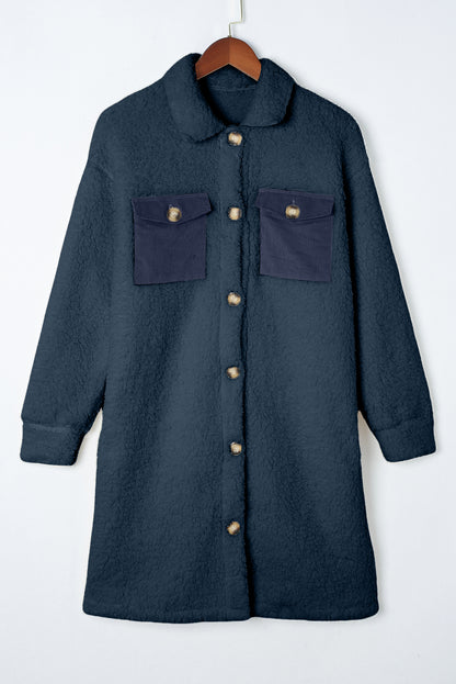 Blue Contrast Flap Pocket Single Breasted Teddy Coat