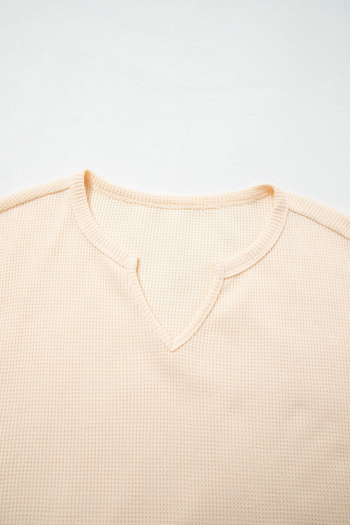Beige Waffle Textured V Neck Plaid Colorblock Drop Shoulder Long Sleeve Top
