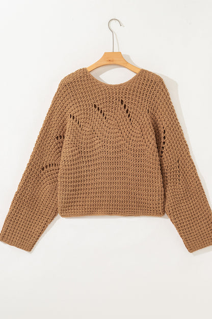 Camel Hollowed Detail Wide Sleeve Loose Pullover Sweater