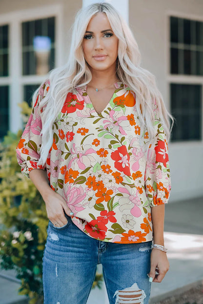 Orange Blooming Flowers Frill Trim Puff Sleeve Blouse - Chic Meadow Boutique 