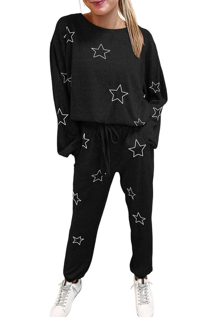 Black Stars Print Long Sleeve Drawstring High Waist Lounge Set - Chic Meadow Boutique 