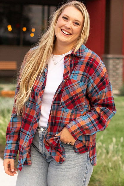 Red Plus Size Plaid Print Buttoned Shirt - Chic Meadow Boutique 