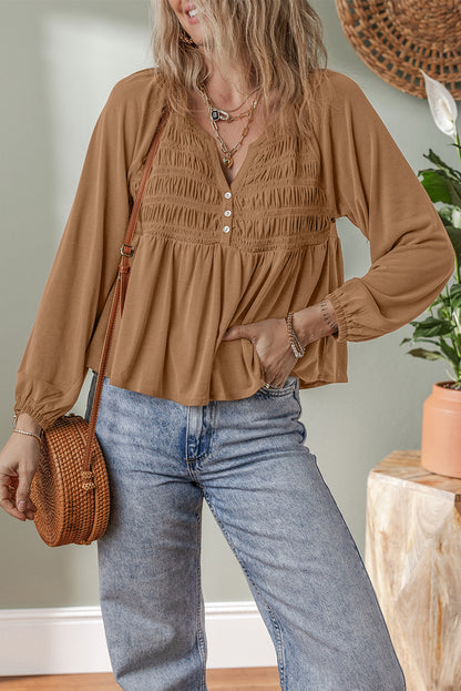 Cinnamon Smocked Bust Buttoned Split V Neck Flow Fit Blouse