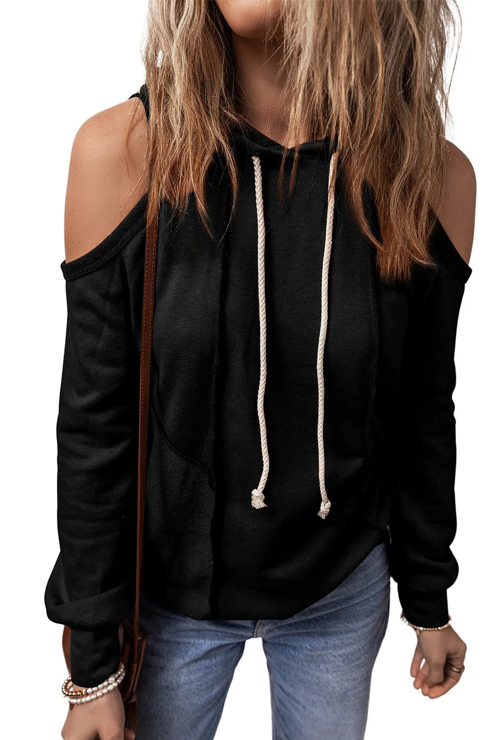 Black Exposed Seam Cold Shoulder Drawstring Hoodie - Chic Meadow Boutique 