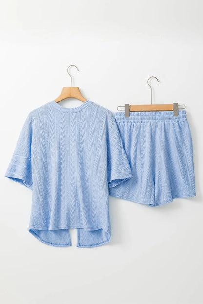 Beau Blue Textured Buttoned Slit Back Tee Shorts Set - Chic Meadow Boutique 