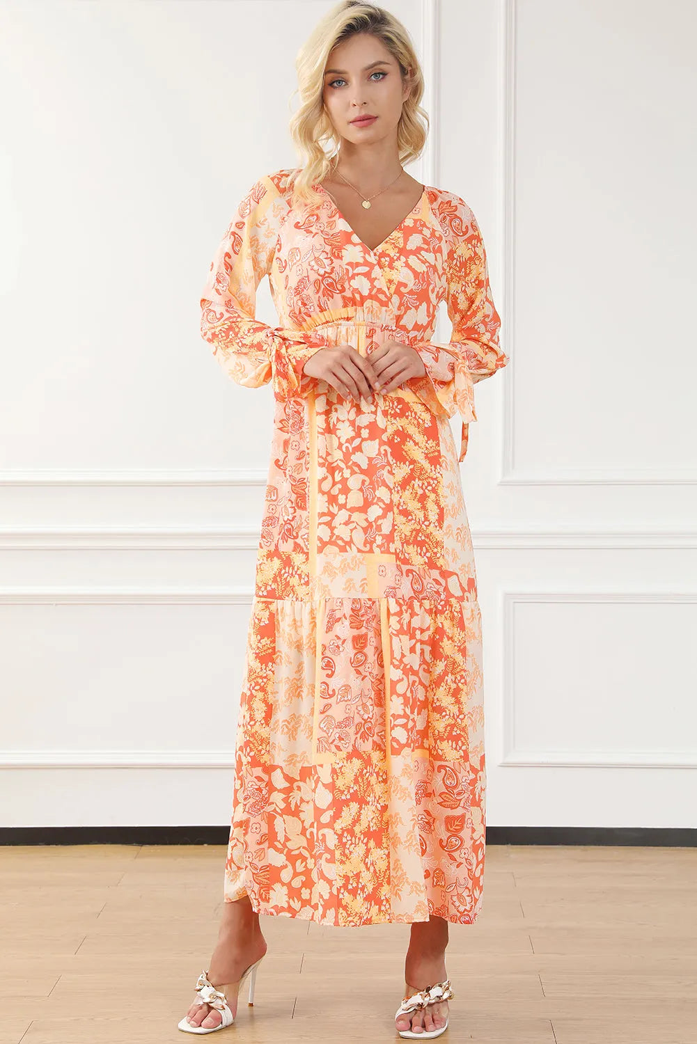 Orange Boho Floral Wrap V Neck Tie Long Sleeve Dress - Chic Meadow Boutique 