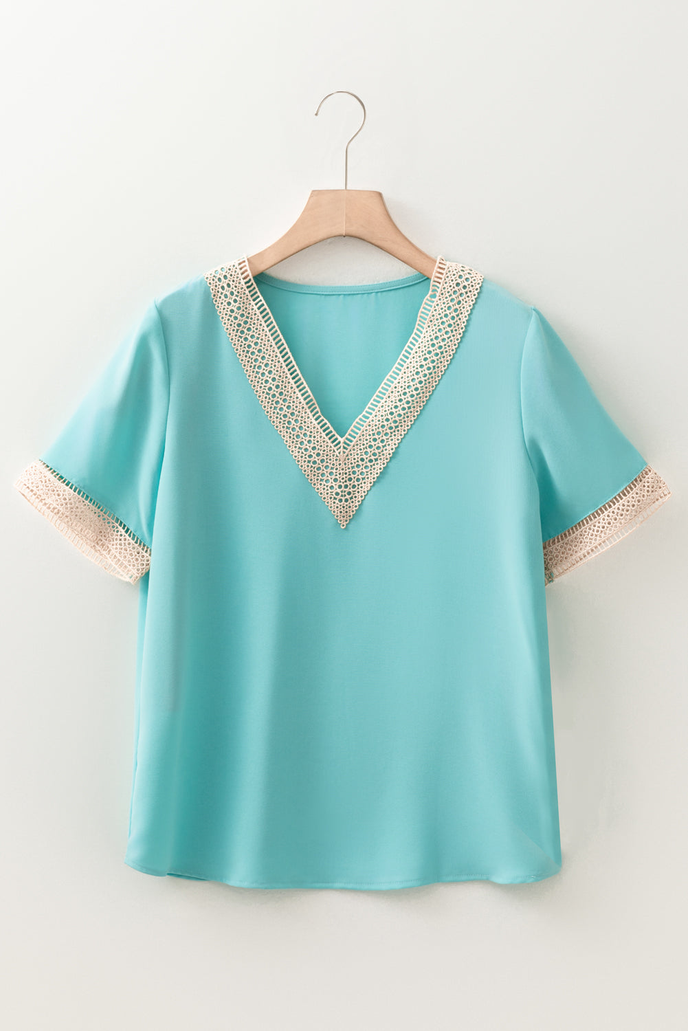 Green Lace Trim V Neck Short Sleeve Blouse