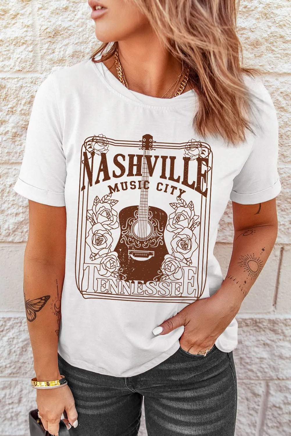 White NASHVILLE MUSIC CITY Graphic Crew Neck Tee - Chic Meadow Boutique 