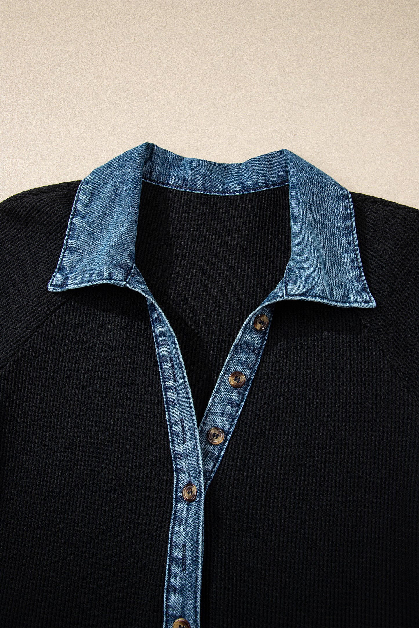 Black Waffle Knit Denim Contrast Trim Patchwork Button Polo Tee Dress