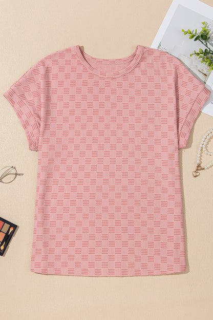 Apricot Pink Checkered Textured Round Neck T-shirt