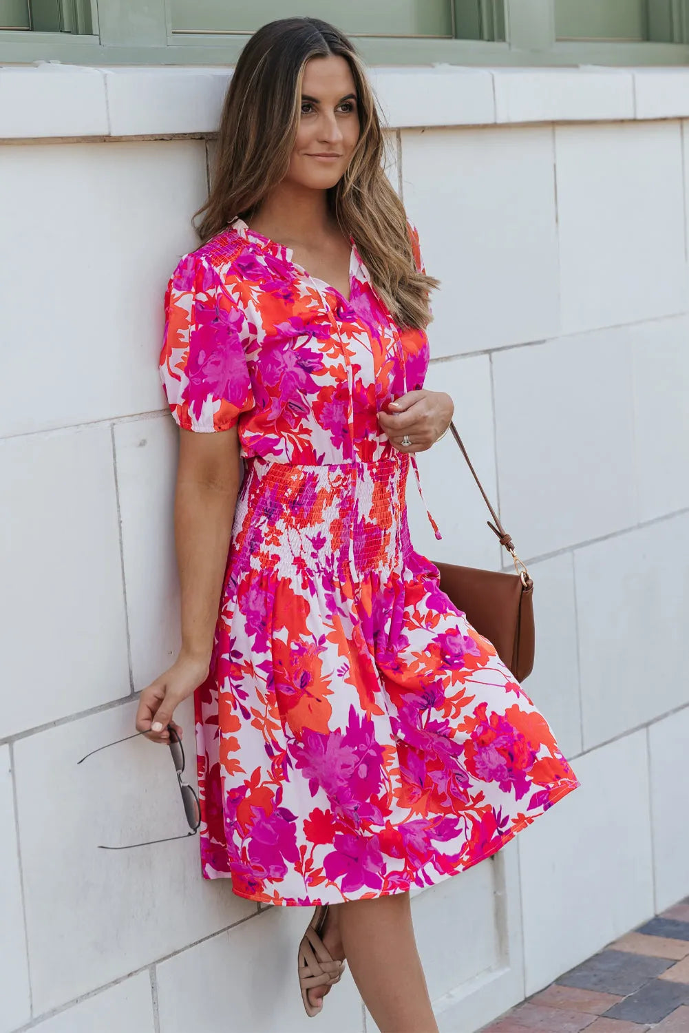 Rose Floral Smocked Waist Bubble Sleeve Flare Dress - Chic Meadow Boutique 