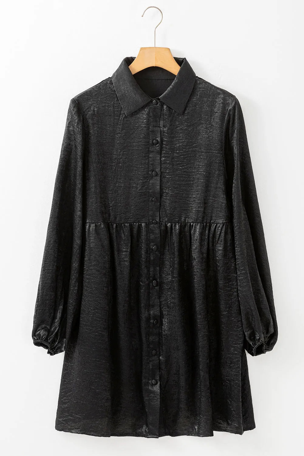 Black Metallic Sheen Puff Sleeve Button Up Mini Shirt Dress - Chic Meadow Boutique 