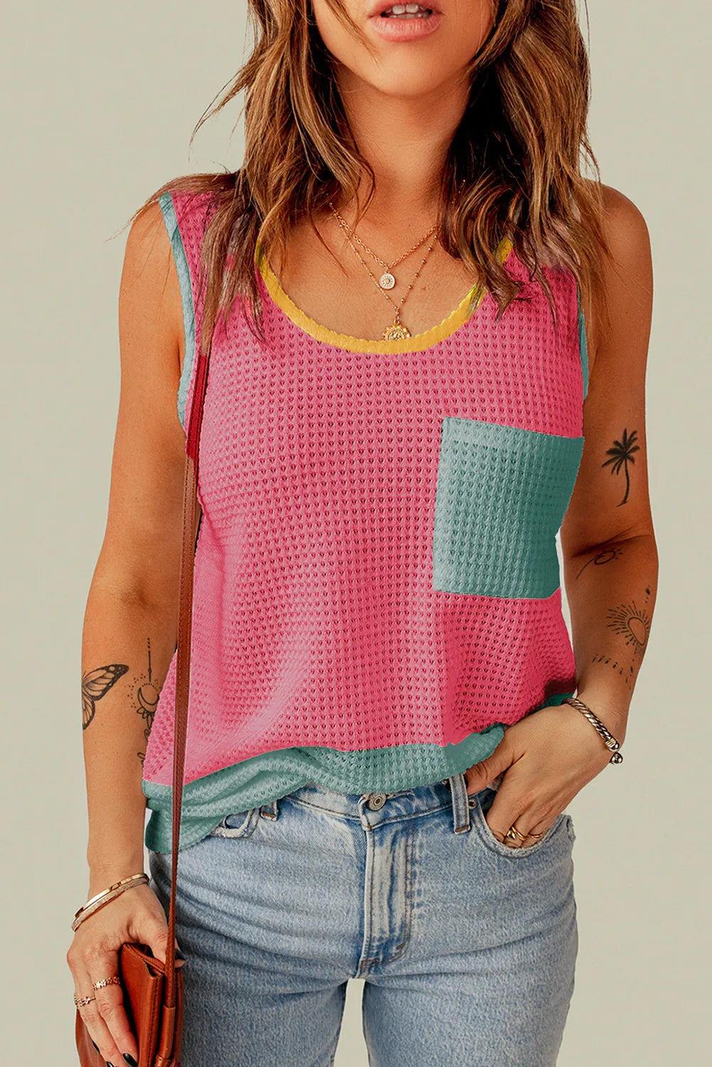 Strawberry Pink Color Block Patched Pocket Breathable Knit Tank Top - Chic Meadow Boutique 