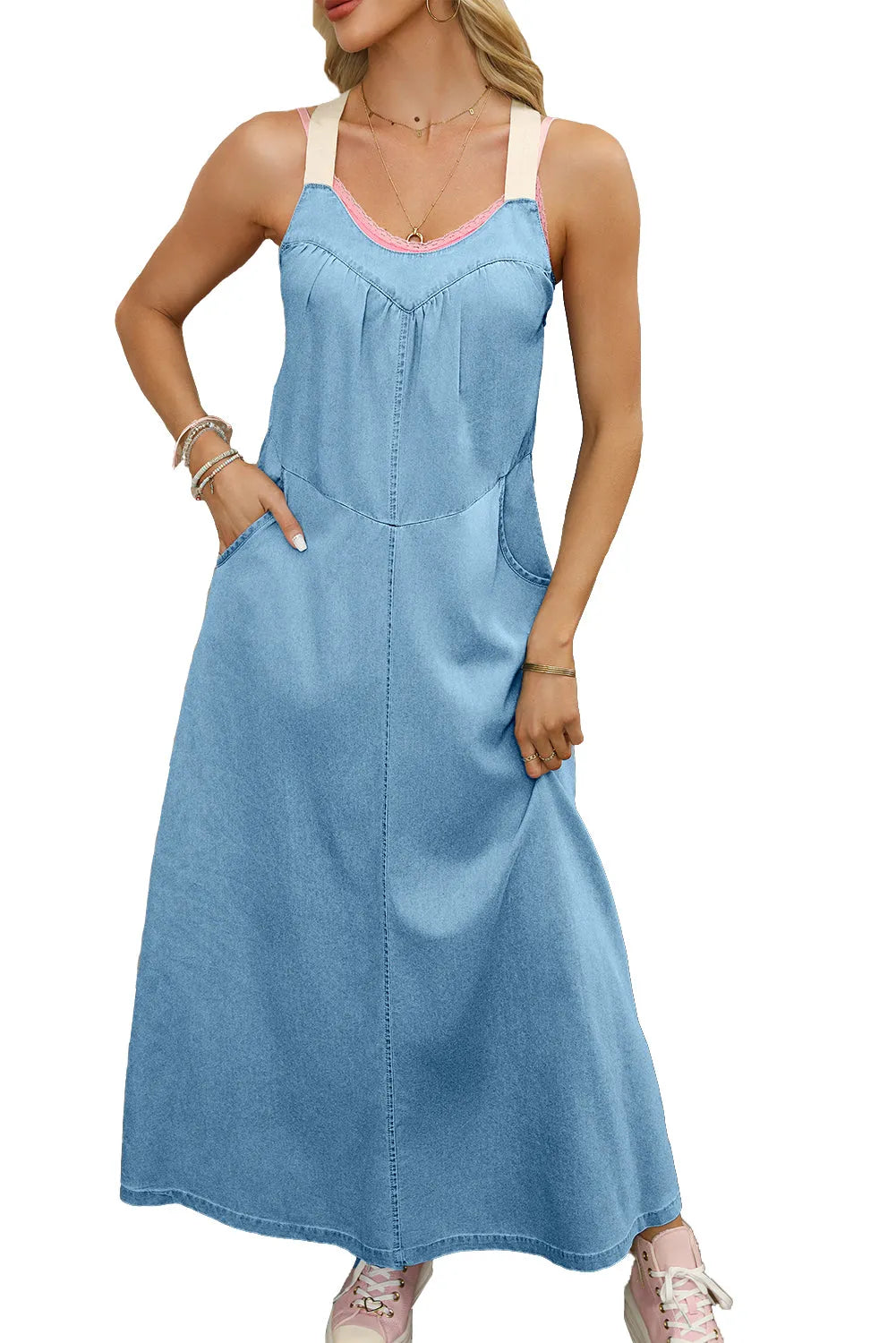 Beau Blue Contrast Straps Pocketed Long Chambray Dress - Chic Meadow Boutique 