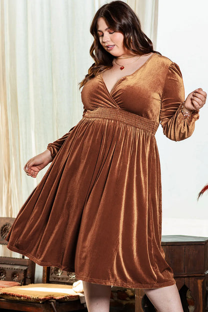 Camel Surplice V Neck Balloon Sleeve Velvet Dress - Chic Meadow Boutique 