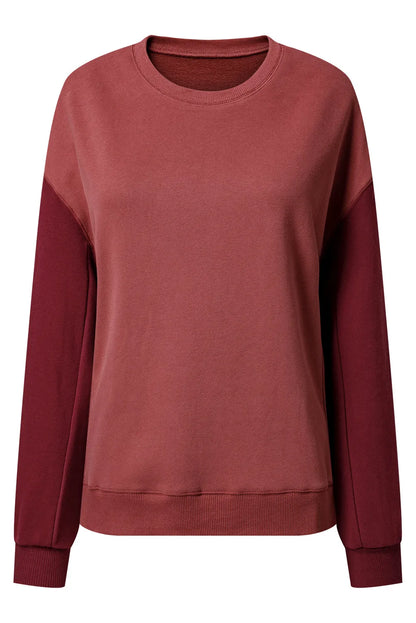 Mineral Red Two Tone Patchwork Drop Shoulder Pullover Sweatshirt - Chic Meadow Boutique 