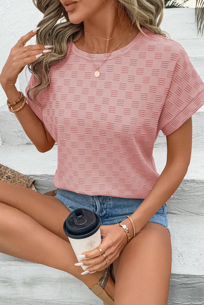 Apricot Pink Checkered Textured Round Neck T-shirt