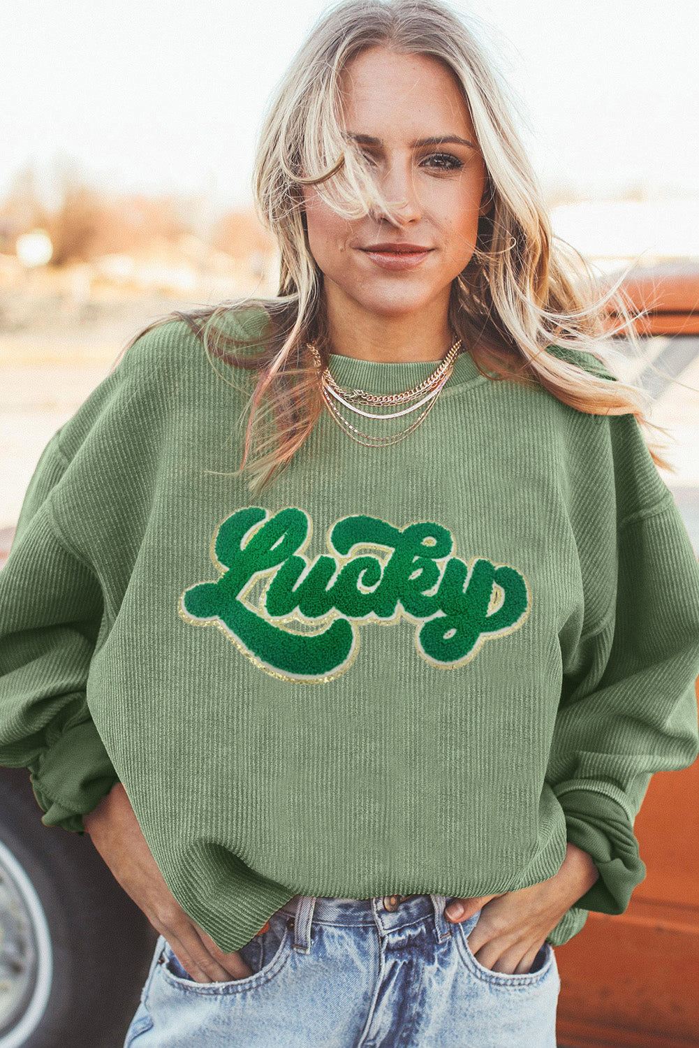 Grass Green Chenille Lucky Patched Graphic Ribbed St Patrick Sweatshirt