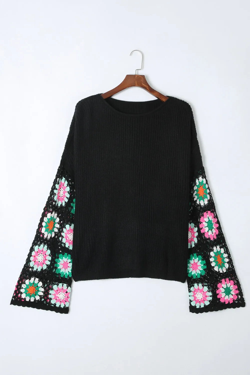 Black Floral Crochet Bell Sleeve Loose Sweater - Chic Meadow Boutique 