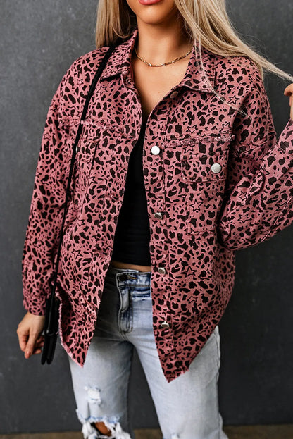 Pink Stars & Animal Spots Print Button Up Denim Shacket - Chic Meadow Boutique 