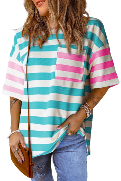 Blue Stripe Contrast Patch Pocket Drop Sleeve T Shirt - Chic Meadow Boutique 