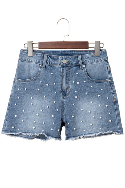 Dusk Blue Pearl Beaded Raw Hem Medium Wash Denim Shorts