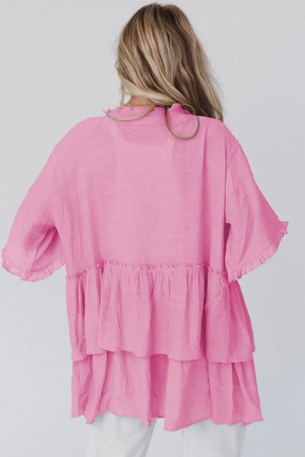 Pink Ruffled Trim Half Sleeve Open Front Kimono - Chic Meadow Boutique 