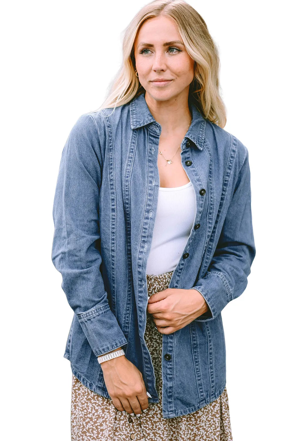 Sky Blue Button-up Long Sleeve Denim Shirt Jacket - Chic Meadow Boutique 