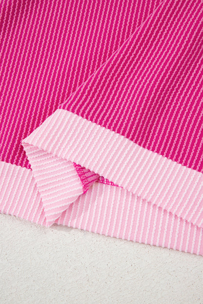 Rose Red 3D Spiral Ribbed Texture 2 Tones Patchwork Short Set