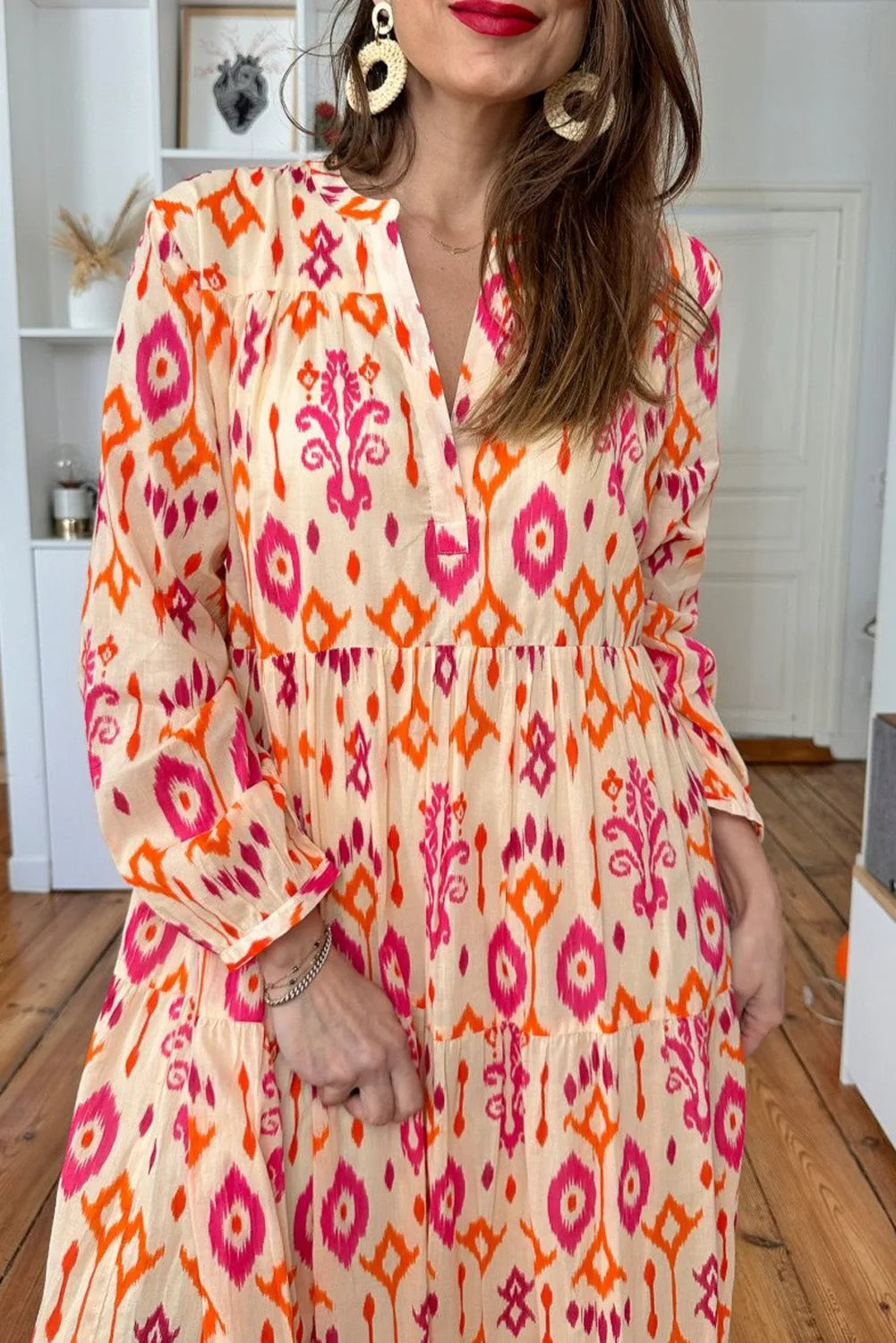 Orange Western Abstract Geometric Printed Maxi Dress - Chic Meadow Boutique 