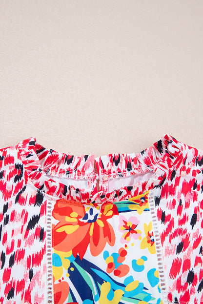 Red Floral Mixed Print Ruffle Cap Sleeve Blouse