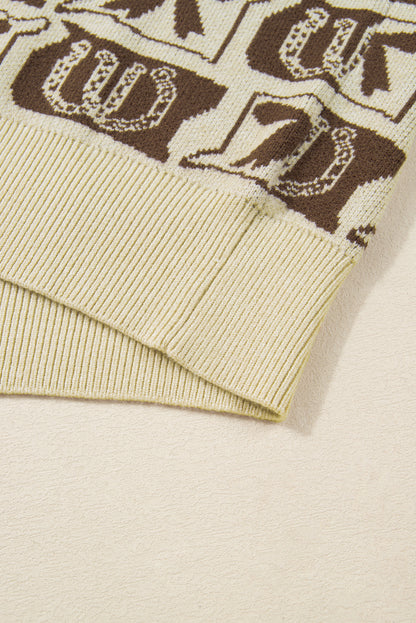 Brown Bow Horseshoe Print Checkered Plus Size Sweater