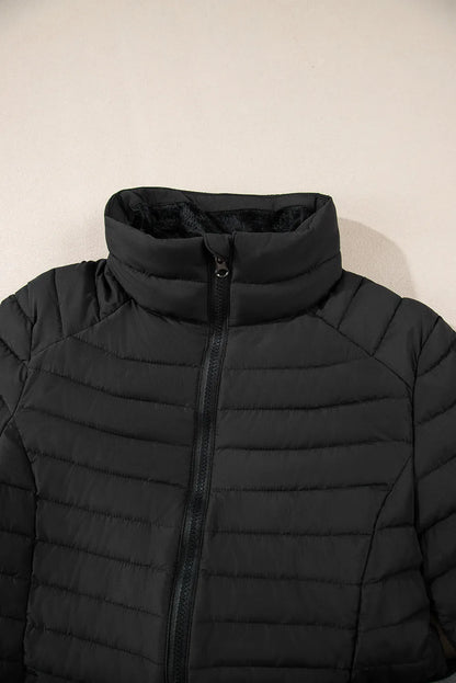 Black Solid Color Quilted Zip-up Puffer Jacket - Chic Meadow Boutique 