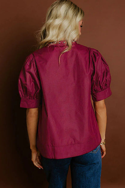 Burgundy Rivet Embellished V Neck Short Puff Sleeve Blouse