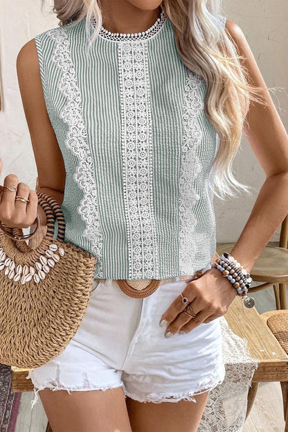 Green Stripe Lace Patchwork Crew Neck Tank Top